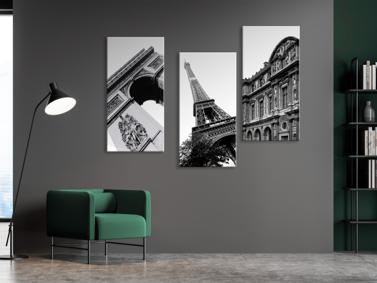 Canvas Art Print Paris Architecture (3-piece) - black-and-white frames of city landmarks 144972 additionalImage 3