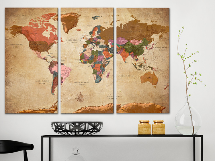 Canvas Brown Elegance (3-piece) - world map and text in English 149672 additionalImage 3