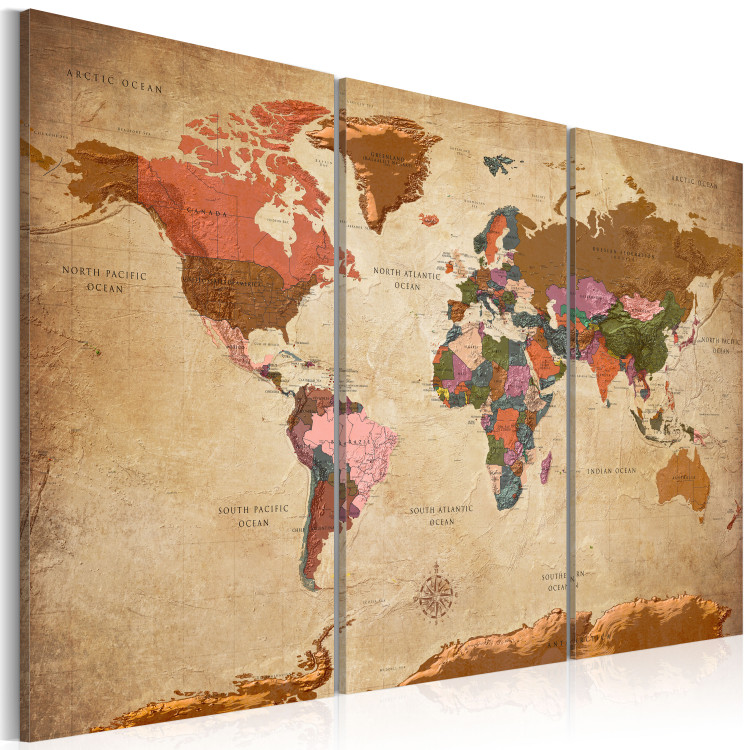 Canvas Brown Elegance (3-piece) - world map and text in English 149672 additionalImage 2
