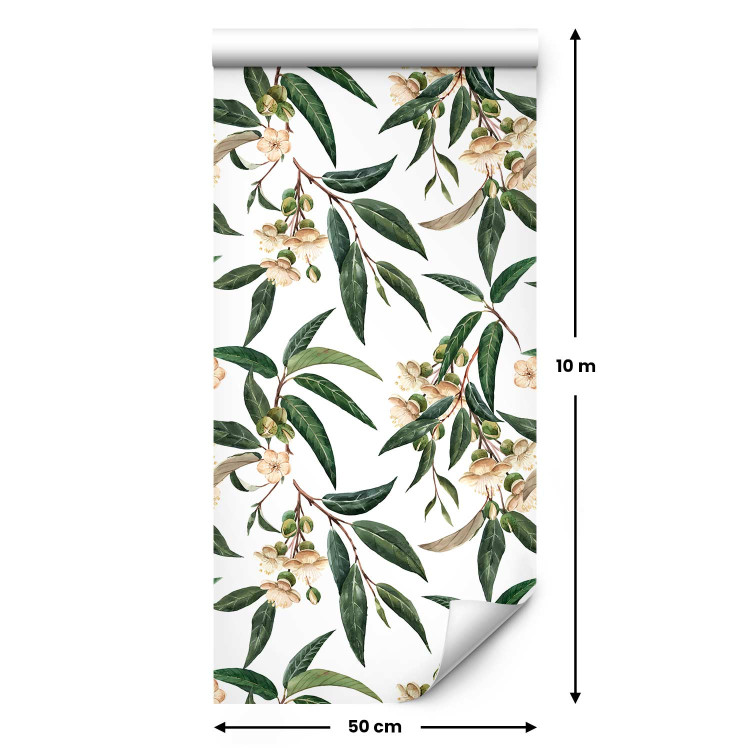 Wallpaper Watercolor Nature - Green Leaves and White Flowers on a Light Background 149872 additionalImage 2