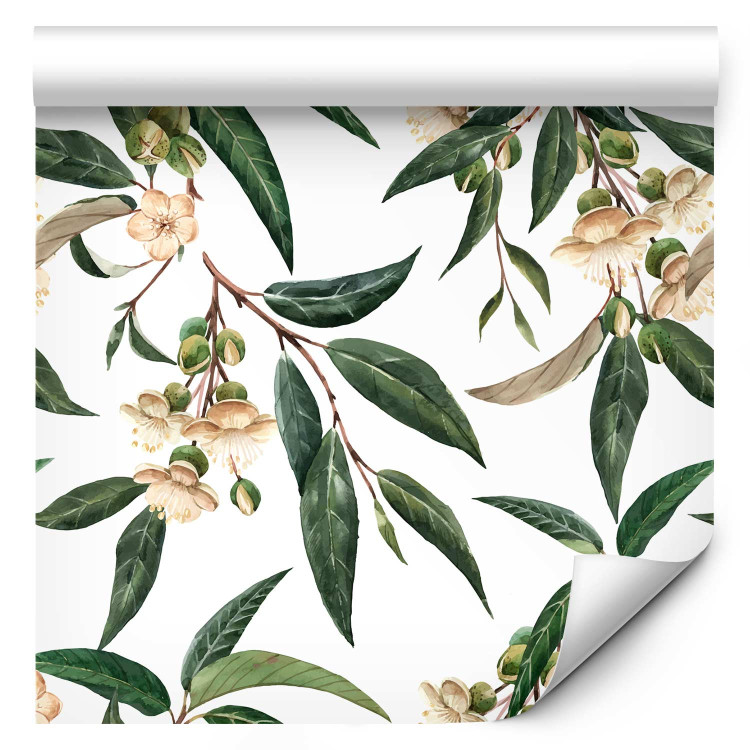 Wallpaper Watercolor Nature - Green Leaves and White Flowers on a Light Background 149872 additionalImage 1
