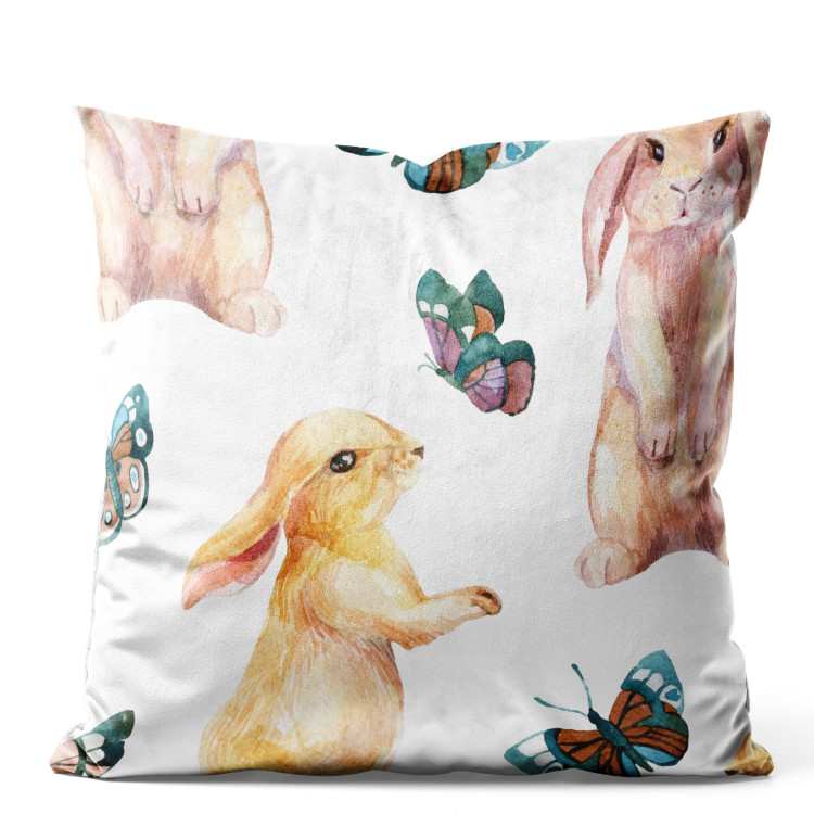 Decorative Velor Pillow Fairytale Bunnies - Pastel Animals and Butterflies on a White Background 151372
