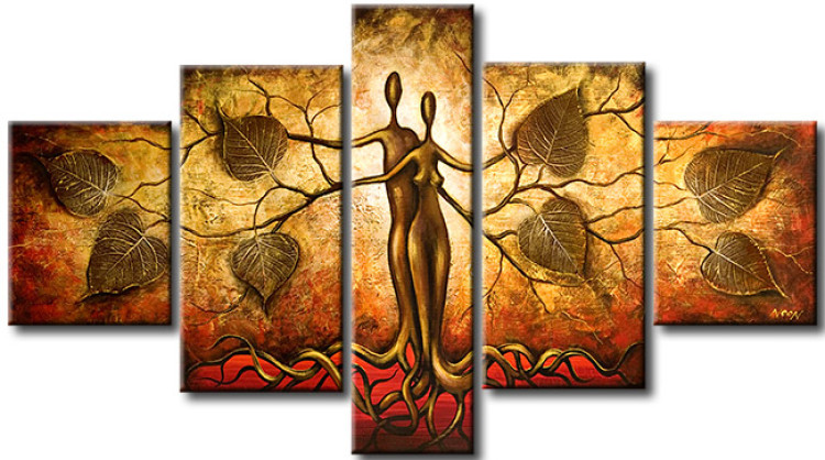 Canvas Art Print Connection with Nature (5-piece) - abstraction with a golden couple and a tree 47272