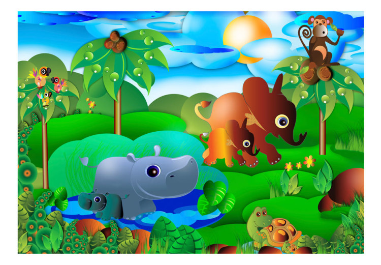 Wall Mural Wild Animals in the Jungle - Elephant, monkey, turtle with trees for children 61172 additionalImage 1