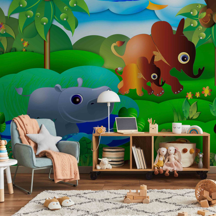 Wall Mural Wild Animals in the Jungle - Elephant, monkey, turtle with trees for children 61172 additionalImage 4