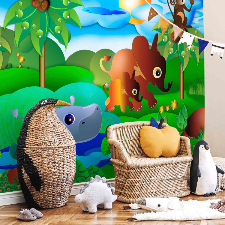 Wall Mural Wild Animals in the Jungle - Elephant, monkey, turtle with trees for children 61172 additionalImage 6