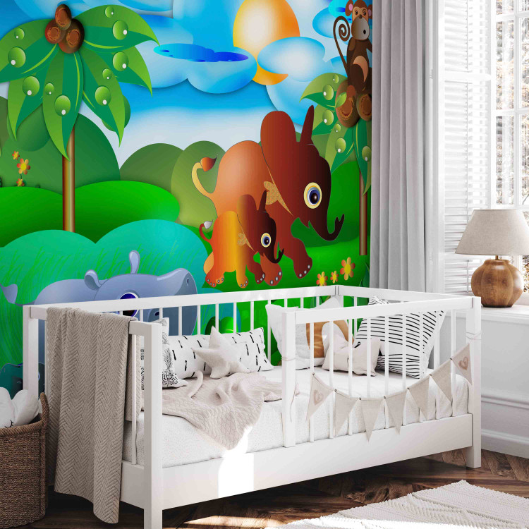 Wall Mural Wild Animals in the Jungle - Elephant, monkey, turtle with trees for children 61172 additionalImage 5