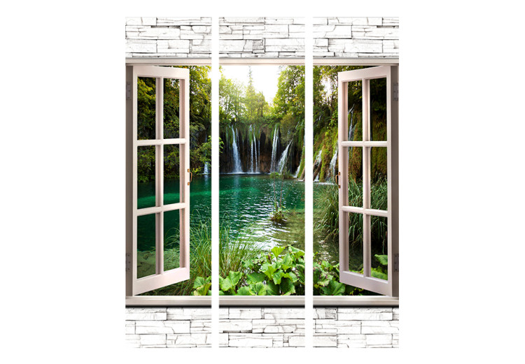 Room Divider Screen Green Treasure - stone texture window overlooking a waterfall and trees 95972 additionalImage 3