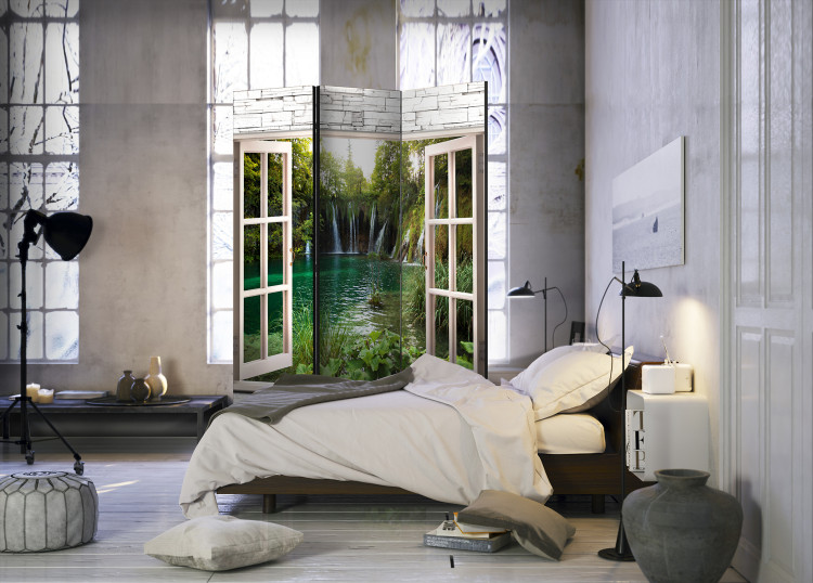 Room Divider Screen Green Treasure - stone texture window overlooking a waterfall and trees 95972 additionalImage 2
