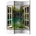 Room Divider Screen Green Treasure - stone texture window overlooking a waterfall and trees 95972