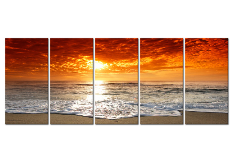 Canvas Red Sky (5-piece) - Sunset on Sandy Beach 105782