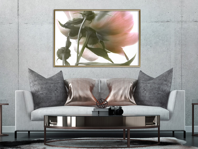 Wall Poster Her Majesty - pink peony petals with a green branch on a white background 122682 additionalImage 8