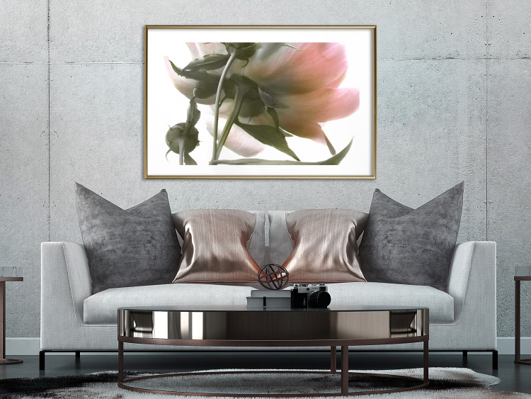 Wall Poster Her Majesty - pink peony petals with a green branch on a white background 122682 additionalImage 15