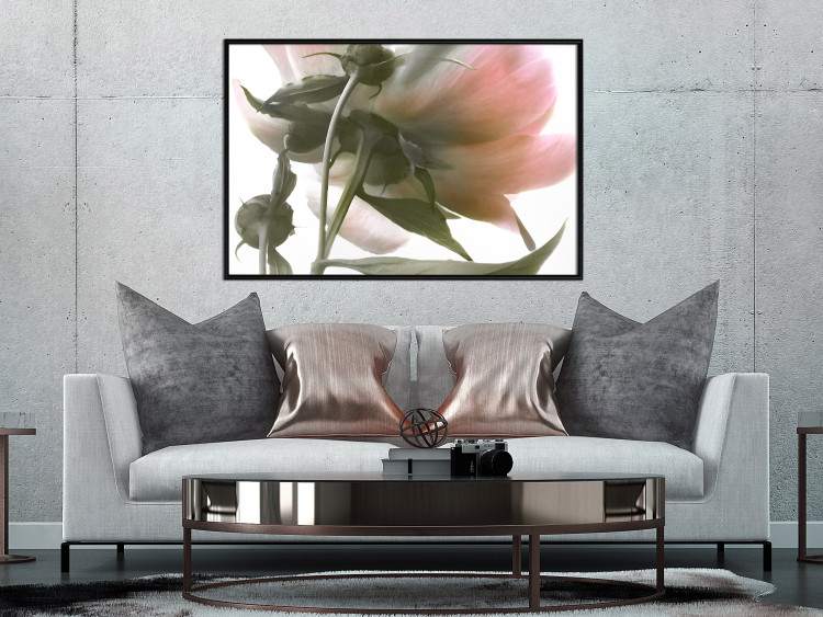 Wall Poster Her Majesty - pink peony petals with a green branch on a white background 122682 additionalImage 6