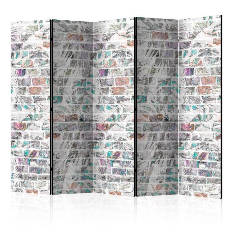Room Separator Palm Wall II - texture of gray brick with a colorful palm motif 122982
