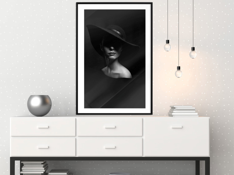 Poster Mysterious Woman - black and white portrait of a woman with a large hat 123482 additionalImage 4
