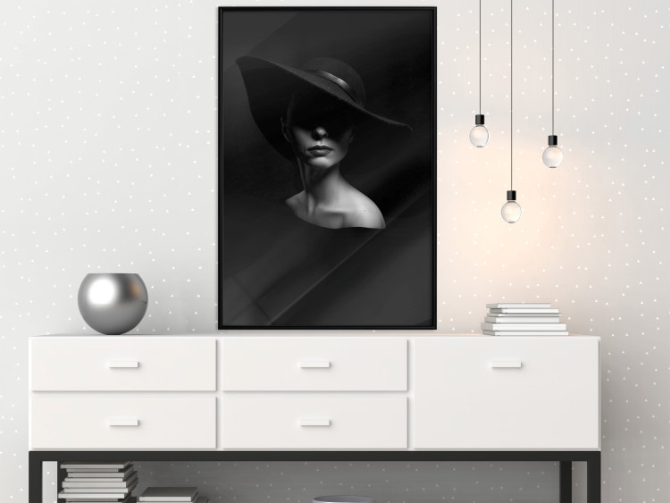 Poster Mysterious Woman - black and white portrait of a woman with a large hat 123482 additionalImage 3