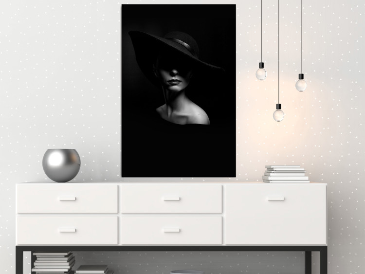 Poster Mysterious Woman - black and white portrait of a woman with a large hat 123482 additionalImage 17