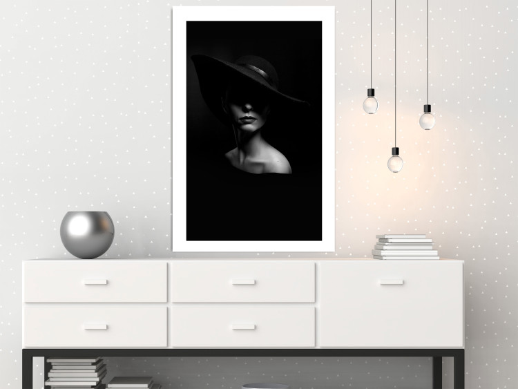 Poster Mysterious Woman - black and white portrait of a woman with a large hat 123482 additionalImage 2