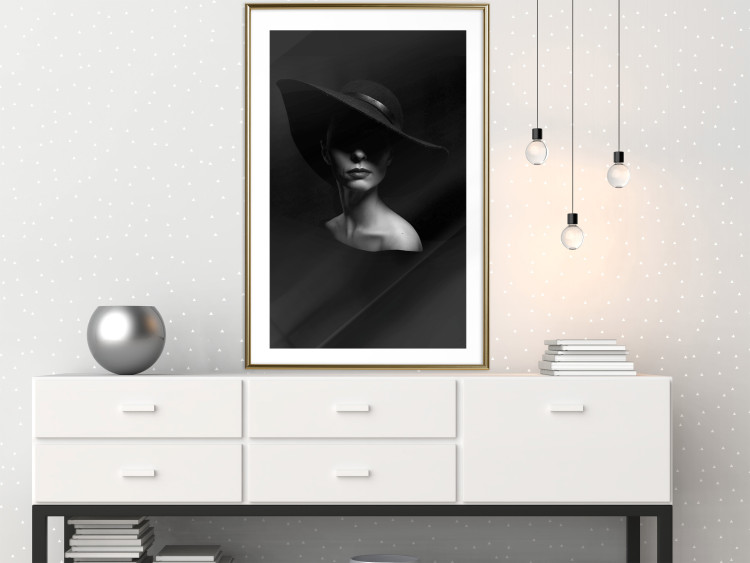 Poster Mysterious Woman - black and white portrait of a woman with a large hat 123482 additionalImage 13