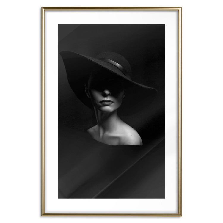 Poster Mysterious Woman - black and white portrait of a woman with a large hat 123482 additionalImage 14