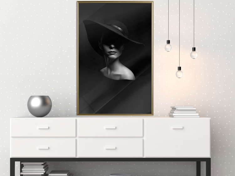 Poster Mysterious Woman - black and white portrait of a woman with a large hat 123482 additionalImage 5
