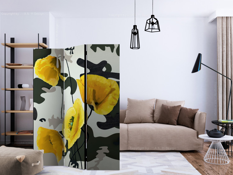 Room Divider Freshly Painted (3-piece) - yellow poppies and black-and-white speckled background 124282 additionalImage 4