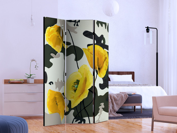 Room Divider Freshly Painted (3-piece) - yellow poppies and black-and-white speckled background 124282 additionalImage 2