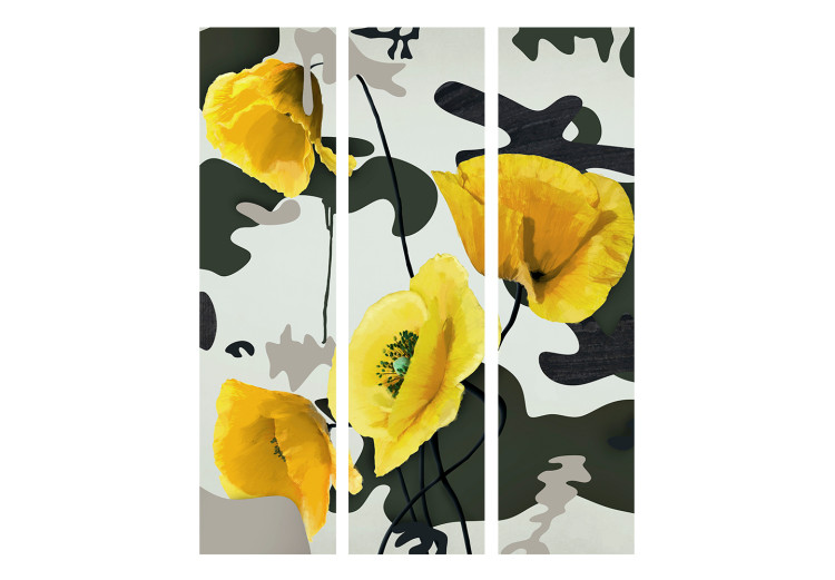 Room Divider Freshly Painted (3-piece) - yellow poppies and black-and-white speckled background 124282 additionalImage 3