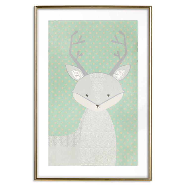 Wall Poster Young Deer - funny gray animal on green polka dot background 129582 additionalImage 14