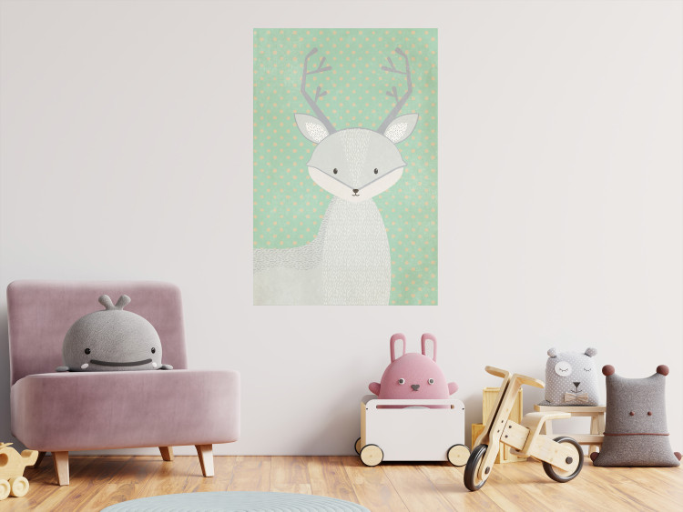 Wall Poster Young Deer - funny gray animal on green polka dot background 129582 additionalImage 2