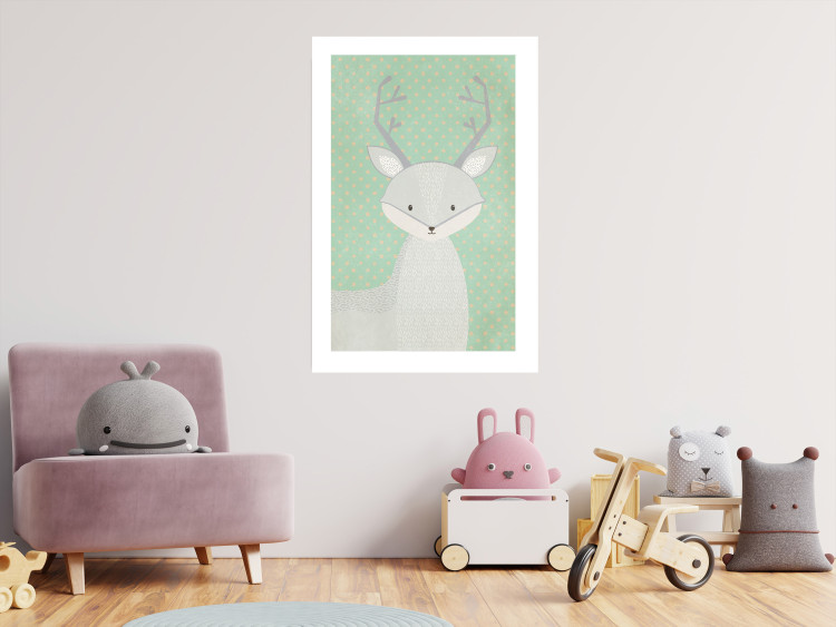 Wall Poster Young Deer - funny gray animal on green polka dot background 129582 additionalImage 3