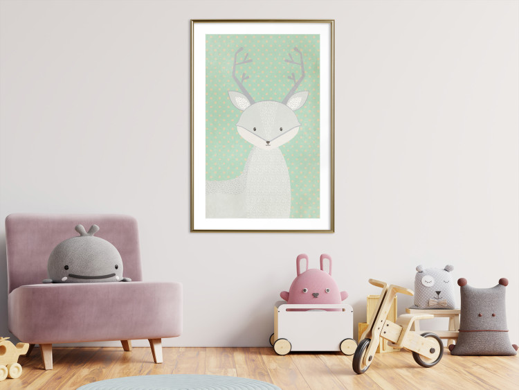 Wall Poster Young Deer - funny gray animal on green polka dot background 129582 additionalImage 13