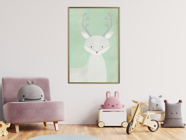 Wall Poster Young Deer - funny gray animal on green polka dot background 129582 additionalImage 5