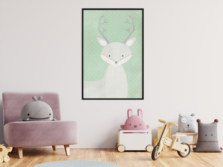 Wall Poster Young Deer - funny gray animal on green polka dot background 129582 additionalImage 4