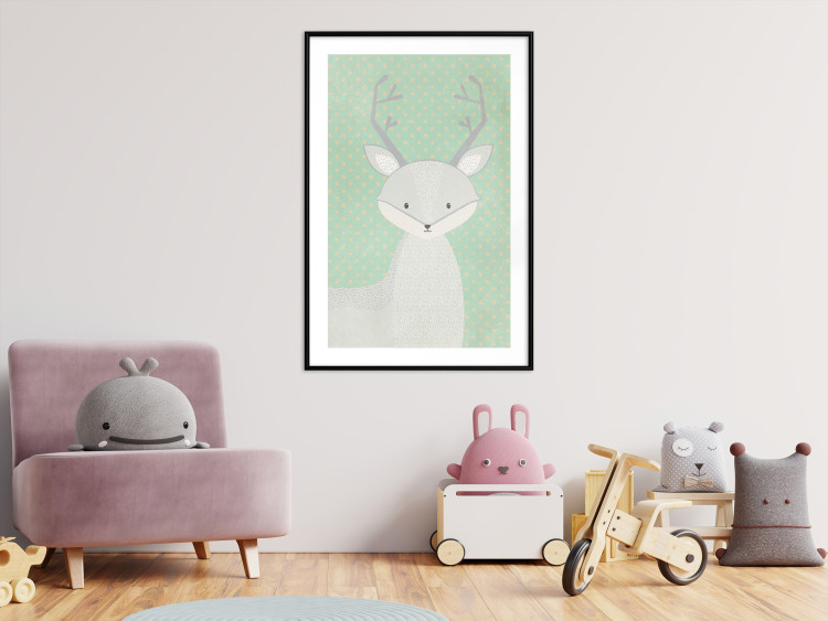 Wall Poster Young Deer - funny gray animal on green polka dot background 129582 additionalImage 18