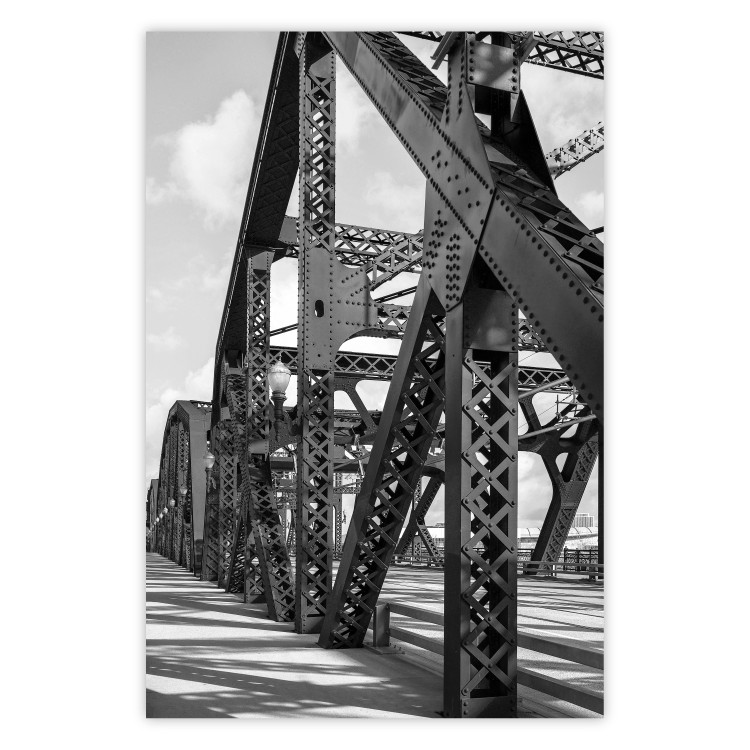 Poster Morning Bridge - gray architecture of a metal bridge against a light background 129782
