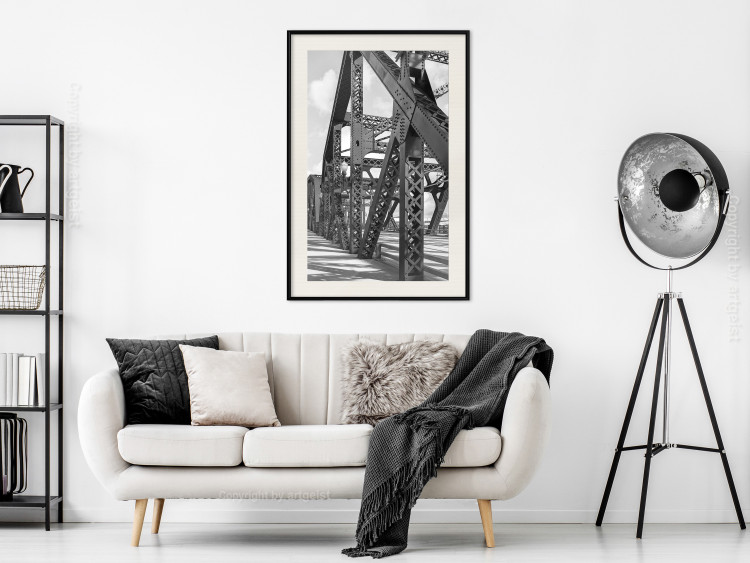 Poster Morning Bridge - gray architecture of a metal bridge against a light background 129782 additionalImage 24