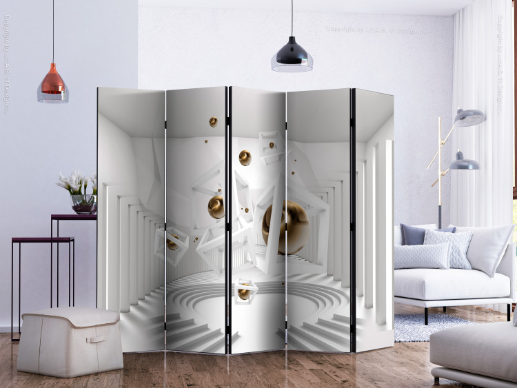 Room Divider Screen Geometric Corridor II (5-piece) - luxurious white 3D illusion 132982 additionalImage 2