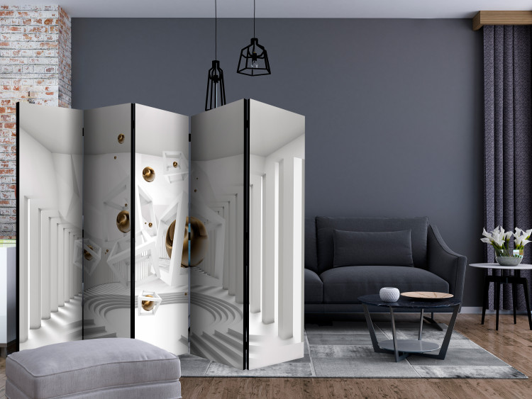 Room Divider Screen Geometric Corridor II (5-piece) - luxurious white 3D illusion 132982 additionalImage 4