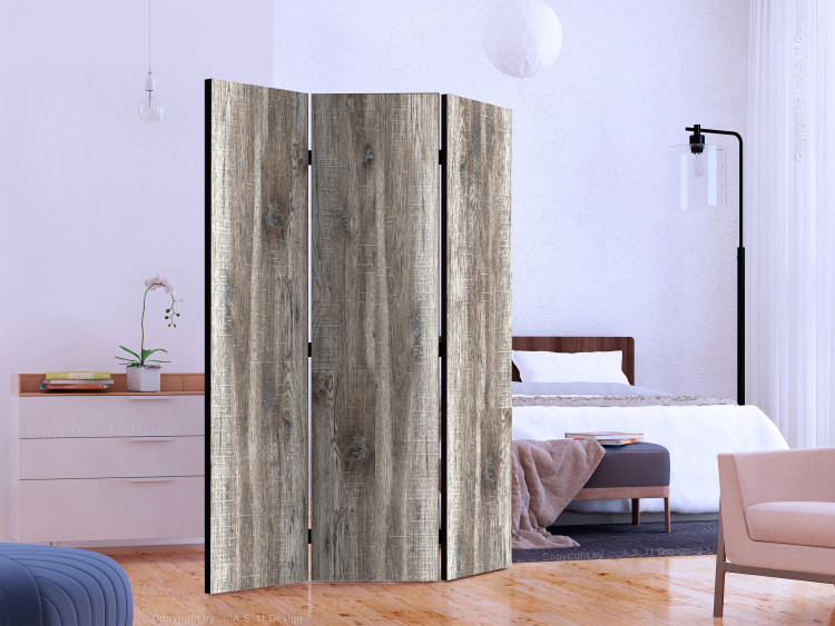 Folding Screen Stylish Wood (3-piece) - simple composition in brown background with planks 133182 additionalImage 2
