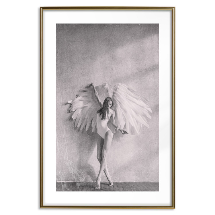 Wall Poster Winged - black and white woman with large wings against a concrete background 134182 additionalImage 15