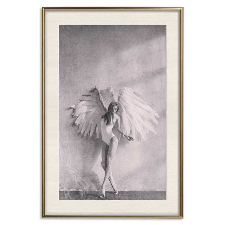 Wall Poster Winged - black and white woman with large wings against a concrete background 134182 additionalImage 20