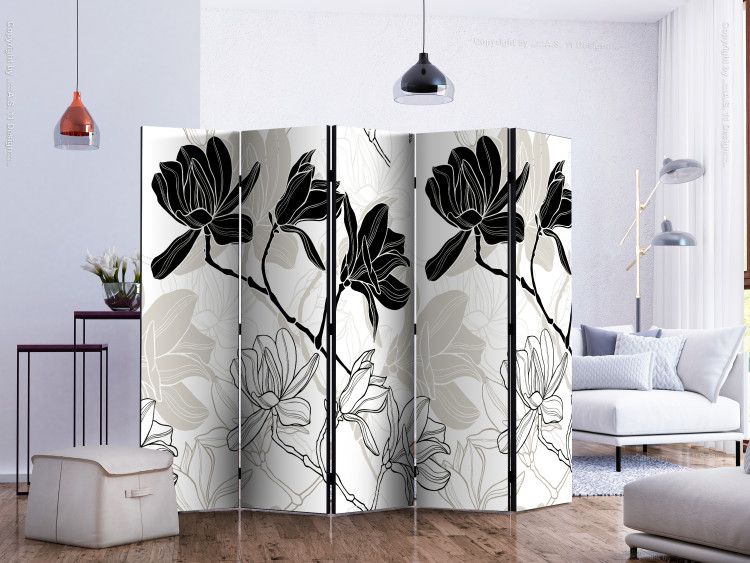 Folding Screen Flowers B&W II (5-piece) - black and white pattern of blooming flowers 134282 additionalImage 2