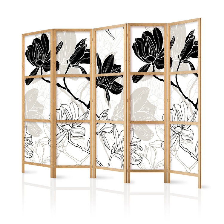 Folding Screen Flowers B&W II (5-piece) - black and white pattern of blooming flowers 134282 additionalImage 5