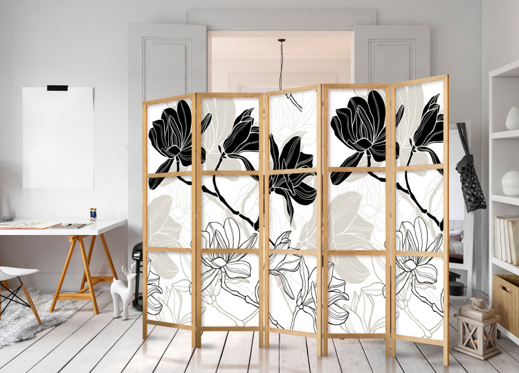 Folding Screen Flowers B&W II (5-piece) - black and white pattern of blooming flowers 134282 additionalImage 8