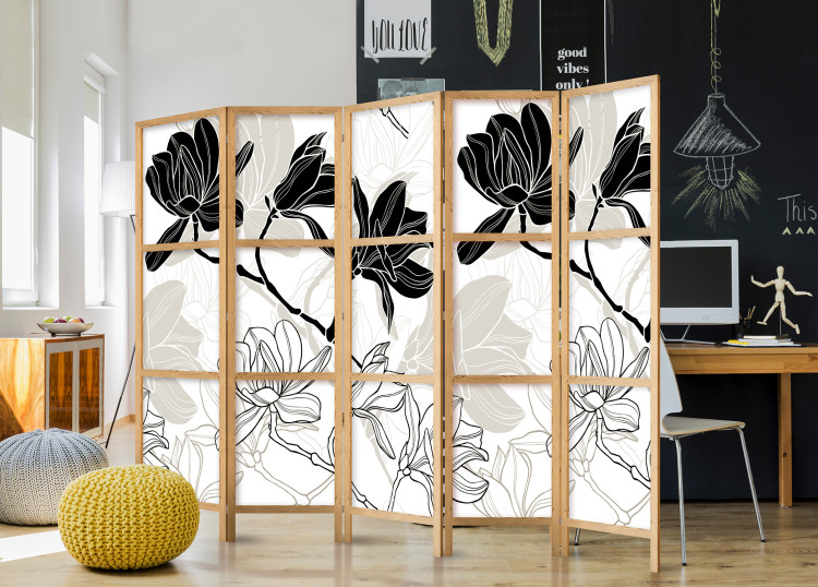 Folding Screen Flowers B&W II (5-piece) - black and white pattern of blooming flowers 134282 additionalImage 6