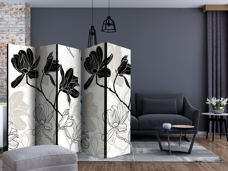 Folding Screen Flowers B&W II (5-piece) - black and white pattern of blooming flowers 134282 additionalImage 4