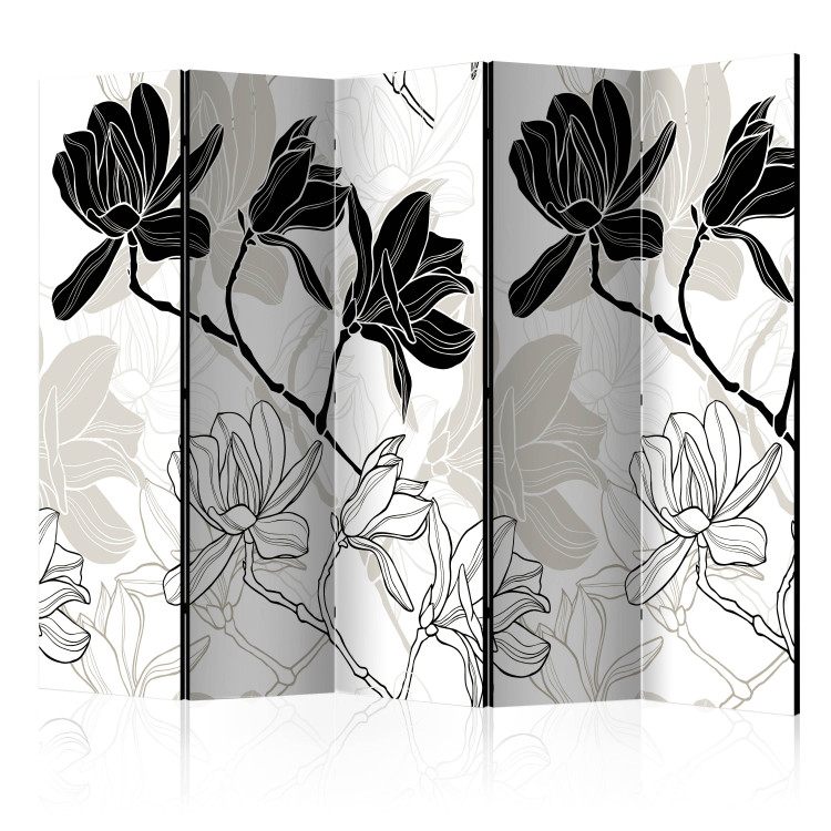 Folding Screen Flowers B&W II (5-piece) - black and white pattern of blooming flowers 134282