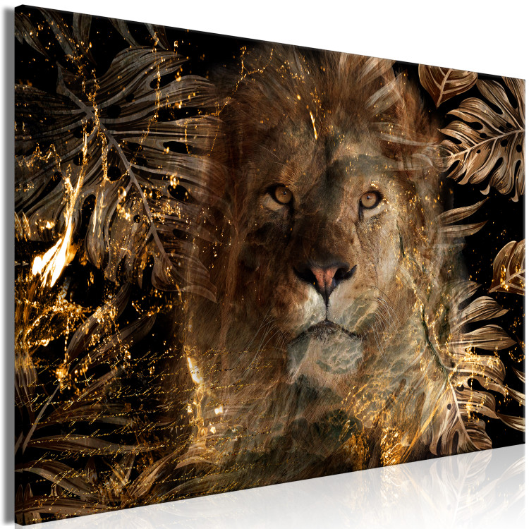 Canvas Art Print Golden Kingdom (1-piece) Wide - lion among exotic leaves 138282 additionalImage 2